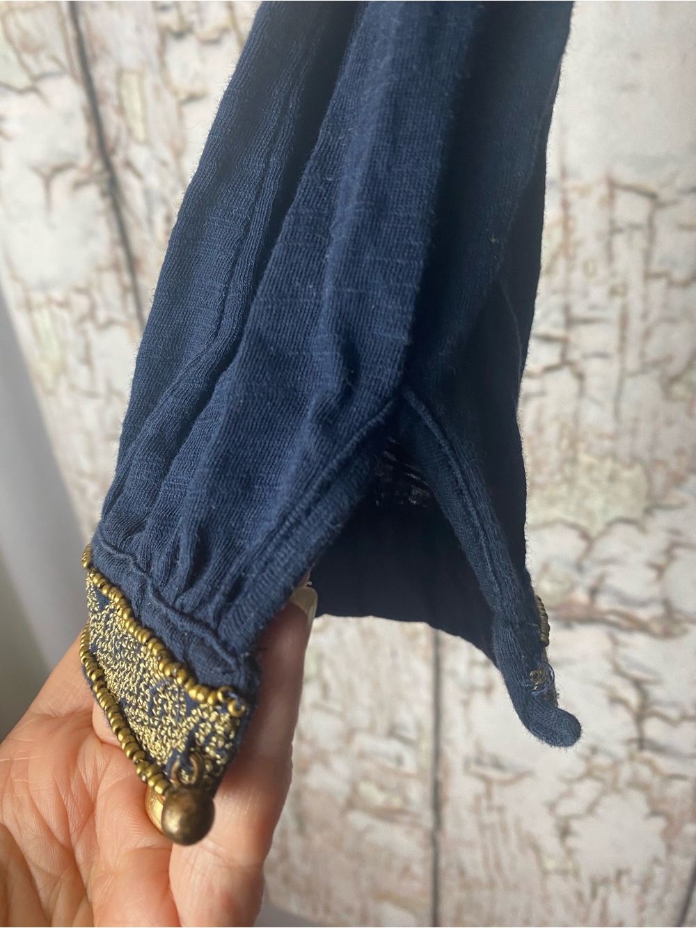 Lucky Brand Navy Embroidered Tunic Fall Boho Chic Gold Beaded Blouse Luxe M - Picture 4 of 6